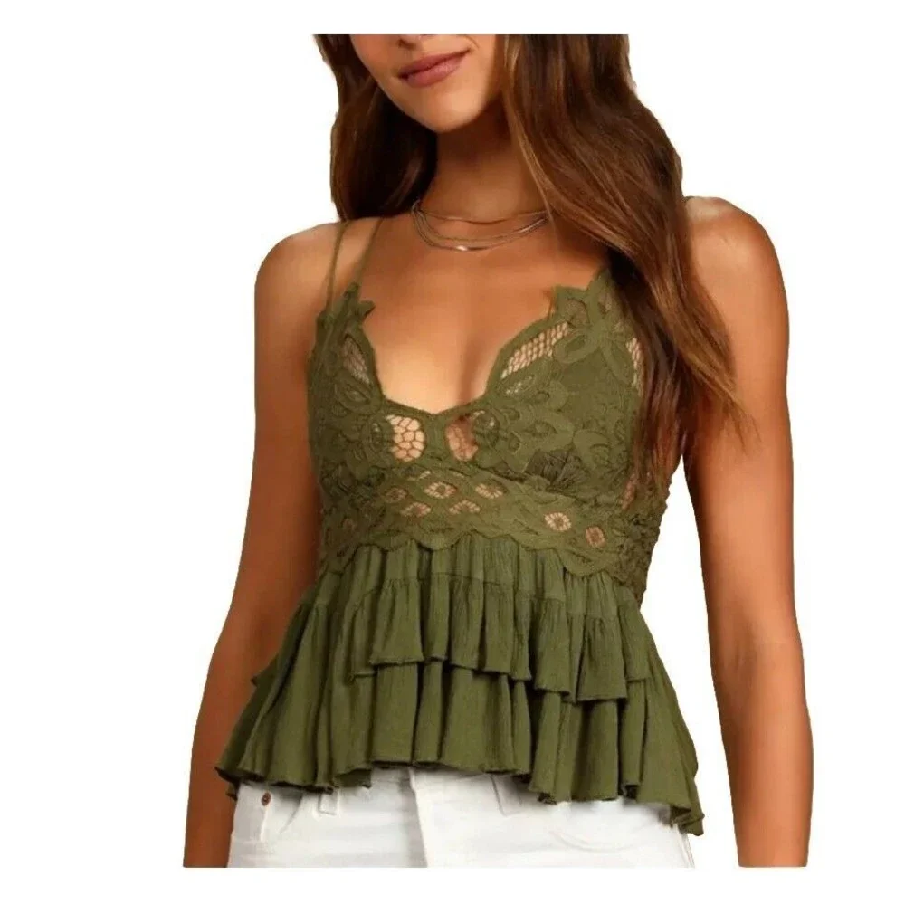 Free‎ People Adela Cami Olive Green Tank Top Size M  Lace NWT  Party Cami - Picture 2 of 12